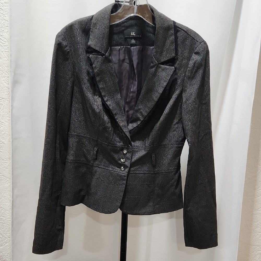 Lace Accented Grey And Black Plaid Blazer Top